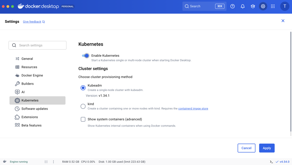 Habilitando o Kubernetes no Docker Desktop
